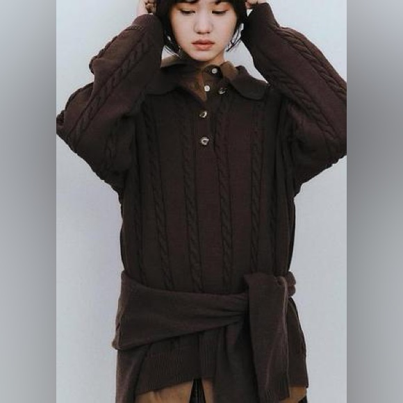 Zara Cable Knit Polo Sweater | Brown | S | Nwt